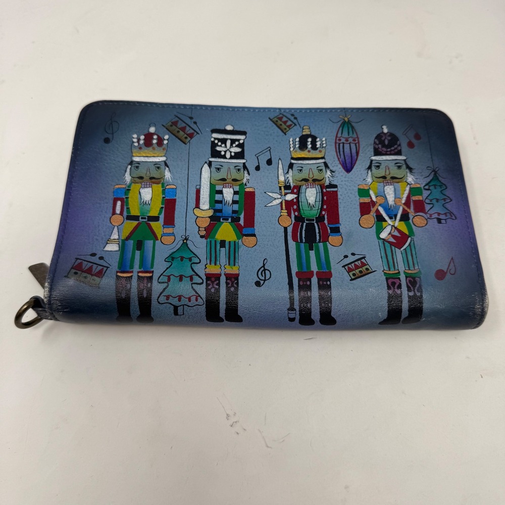 Anuschka Anna Hand Painted Leather Nutcracker Holiday Zip Around Wallet Blue